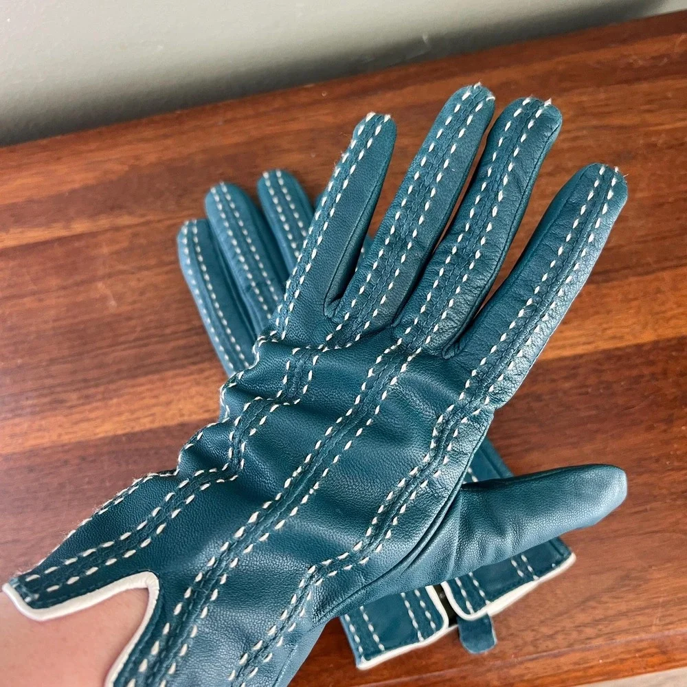 Vintage Teal Leather Gloves With White Saddle-Style Stitching Womens L XL Retro